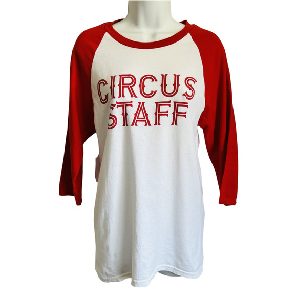 Gildan Tops - EUC Circus Staff Ringer Baseball Sleeve Shirt Red & White Clowncore size S